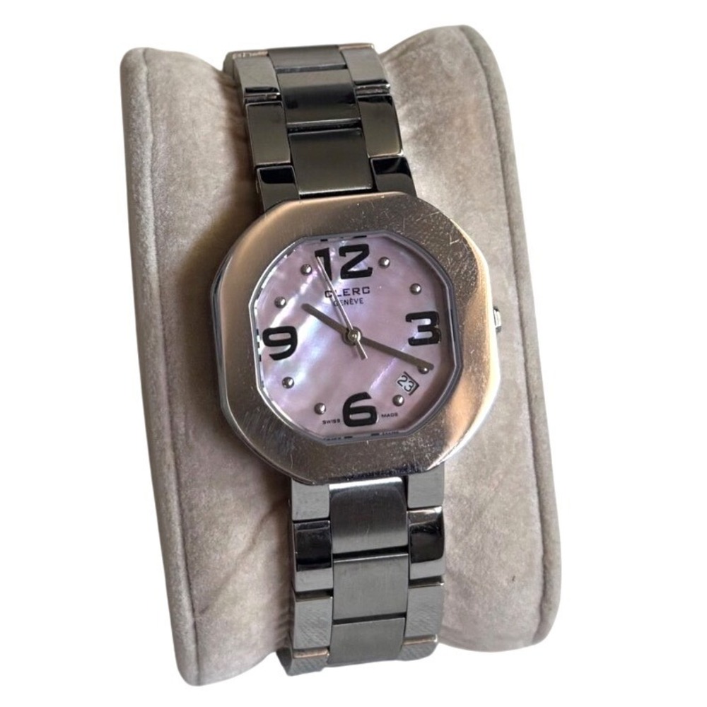 Clerc C-One Ladies Pink Mother of Pearl Swiss Geneve Octagon Case Steel Watch